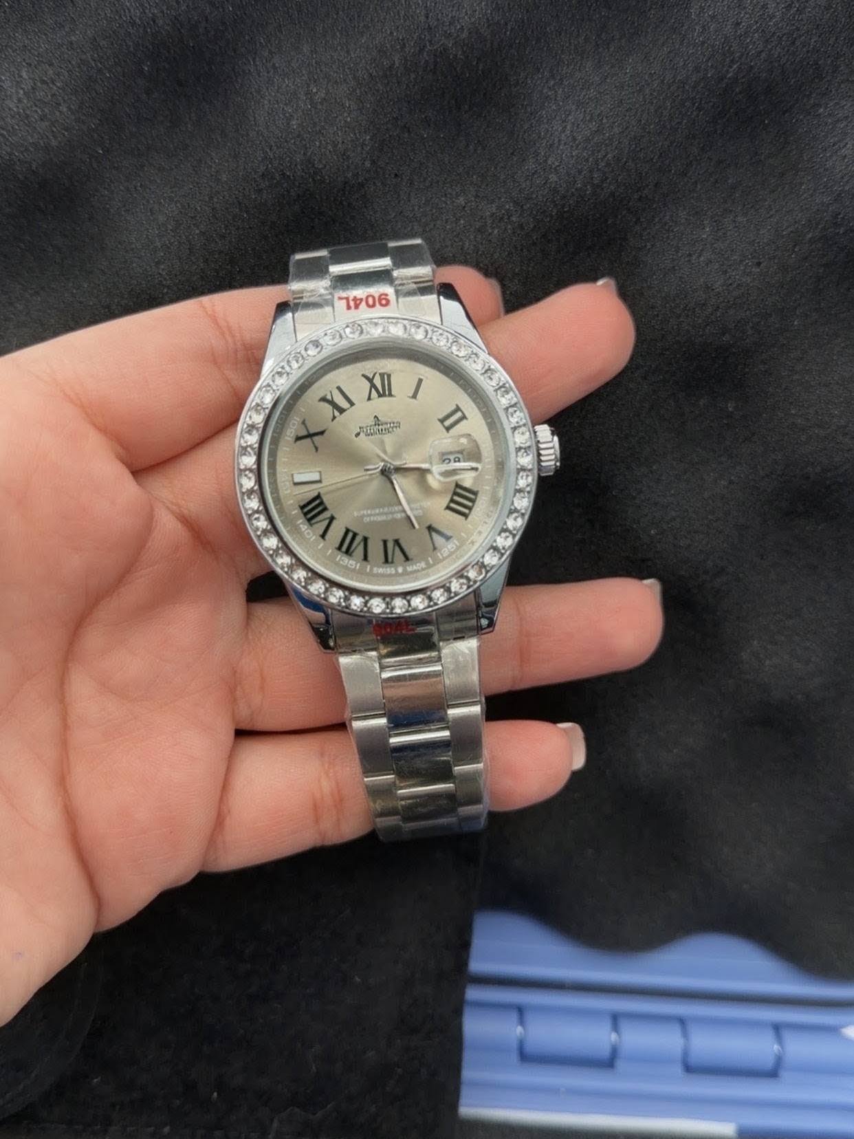 Silver Crystal Bezel Bracelet Watch With Champagne Dial